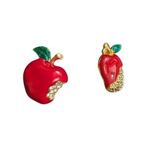 Red Apple Enamel Pin Set Rhinestone Accented Gold Tone Fruit Brooches 2pc